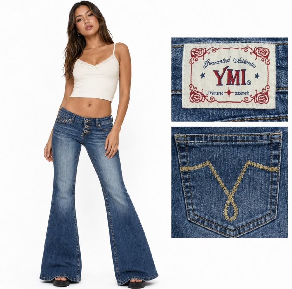 Y2K Indie Sleaze 2000s YMI Low Rise Flare Jeans Size 7 Medium Wash Indigo Denim